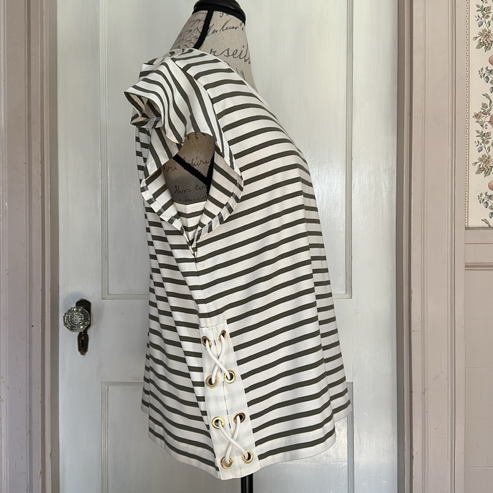 LAUREN RALPH LAUREN Cream and Olive Striped Flutter Sleeve Tee w/ Laced Sides